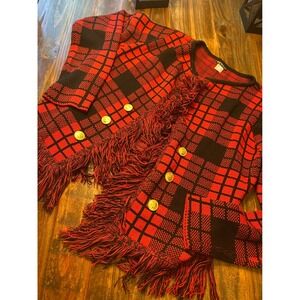 Venus‎ Cardigan Red Black Plaid Fringe Gold Button  Knit Sweater Woman's Large